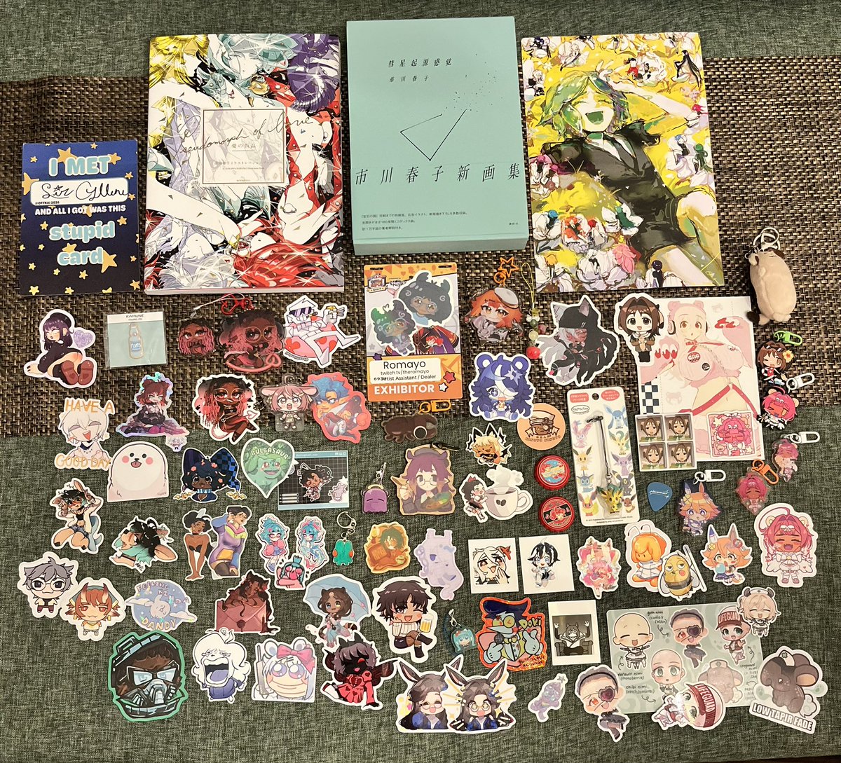 theromayo's tweet photo. finally got outta bed to show my offkai haul!!! there is literally so much 😭😭 this is excluding all the business cards i received too!! https://t.co/rsrjjV4ZEE