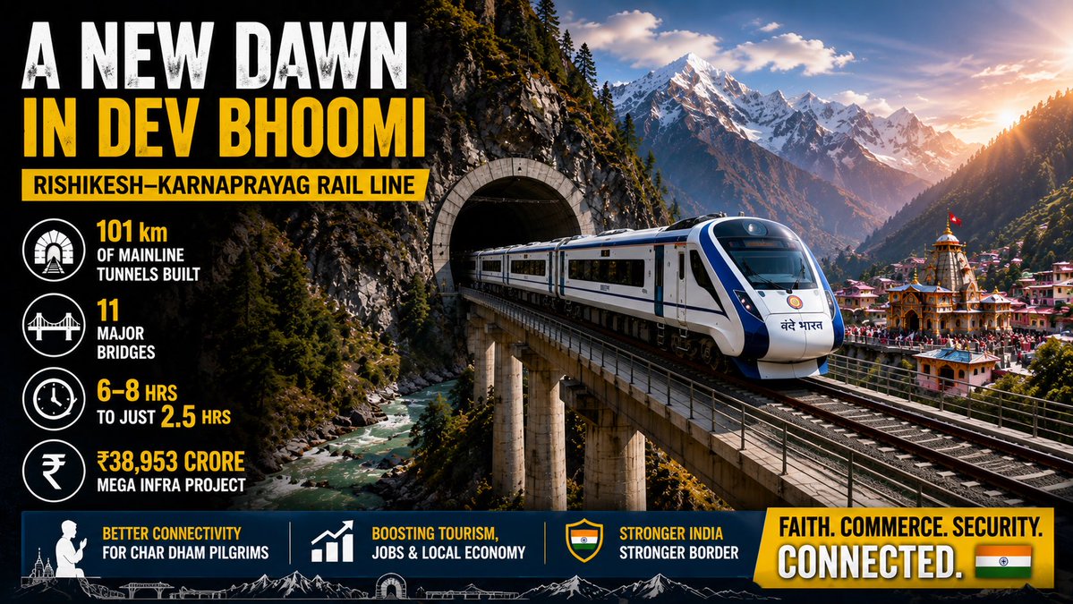 HemanNamo's tweet photo. 3/3
This isn’t just a railway.

It’s a strategic lifeline connecting remote Uttarakhand to opportunity—boosting tourism, local businesses, jobs, disaster resilience, and national security.

Infrastructure that serves both faith and the future. 🇮🇳✨ #ViksitBharat https://t.co/nRLQ2MWSk4