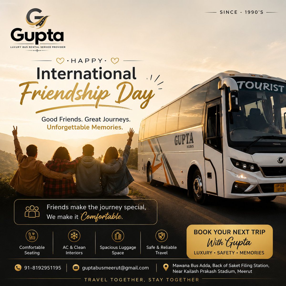 GuptaBusMeerut's tweet photo. 🤝 Happy International Friendship Day – 30 July! 💙

True friendships are built on trust, care, and unforgettable journeys. This International Friendship Day, celebrate the bond of friendship by planning your next trip together with Gupta Tourist Bus Service Meerut.

#Meerut https://t.co/uPyGPjx5mb