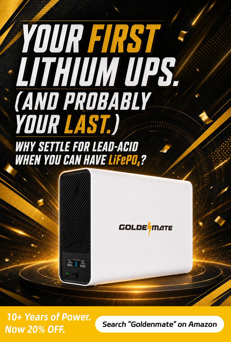 goldenmatepower's tweet photo. Bulky. Heavy. Lead-acid batteries that die in 3 years and leave you shopping for a replacement. Again.
It's time for an upgrade.
Meet the GOLDENMATE 1000VA/800W Lithium UPS.
20% OFF — LIMITED DEAL TIME!
🛒 Claim your 20% OFF now:
https://t.co/85stgrY67A https://t.co/3egi7h0p65