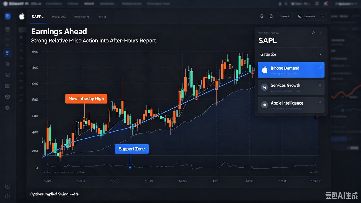 TylerLobos's tweet photo. $AAPL
Today’s price action tells us a lot ahead of tomorrow’s after-hours earnings. While most big tech names pulled back, Apple held up well and even tested new highs intraday, showing strong bid sentiment from investors seeking stability before results.

All eyes are locked on three critical catalysts: iPhone demand trends, growth in high-margin services revenue, and concrete updates around Apple Intelligence. This earnings call is also Tim Cook’s final one as CEO, adding another layer of uncertainty.

Options pricing is signaling a roughly 4% swing post-earnings. Solid results could push it to break out further, but any weak guidance will trigger sharp profit-taking.

How are you positioning ahead of the print?