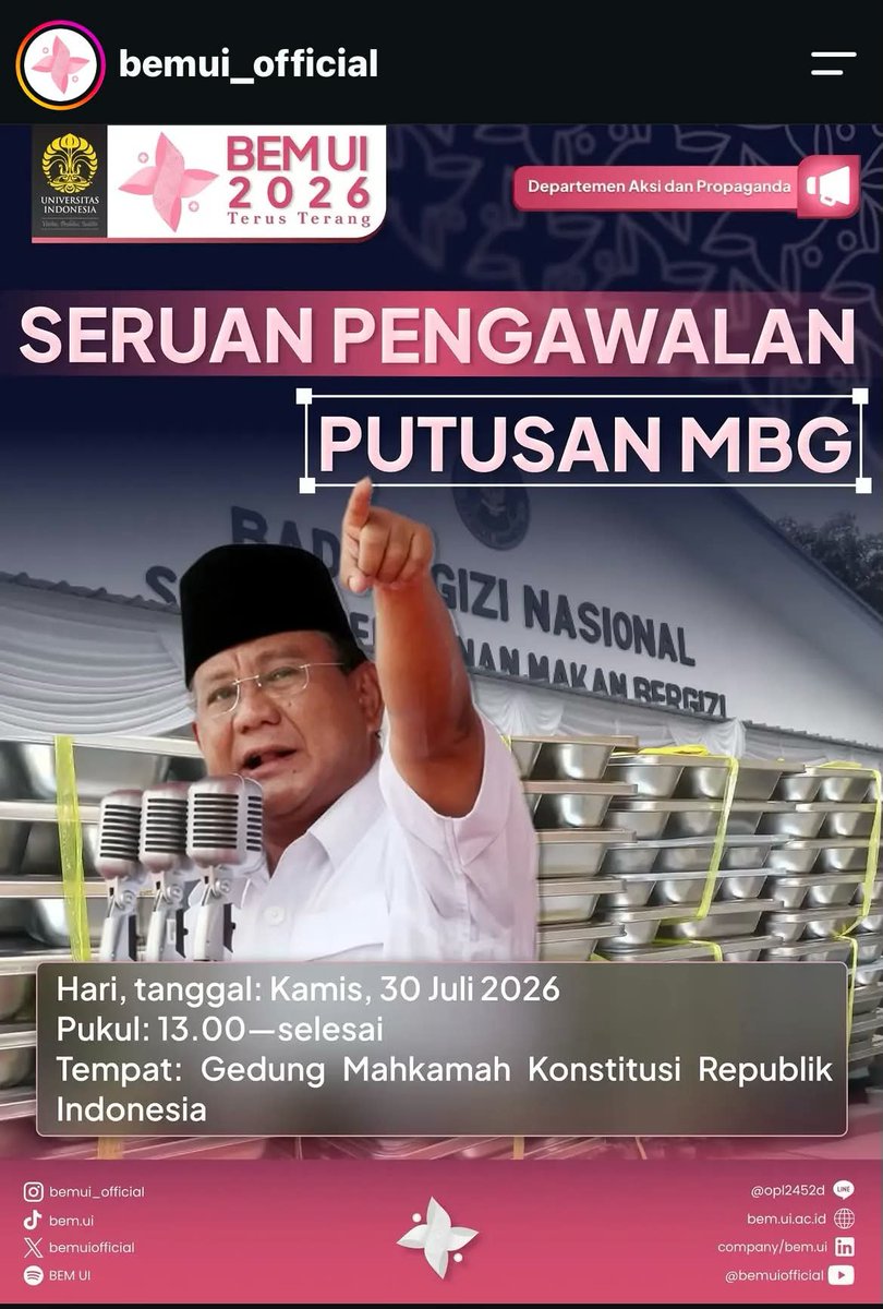 glxssie's tweet photo. 🚨 JADWAL DEMO HARI INI 🚨 

KAMIS, 30 JULI 2026
AKAN ADA TIGA DEMO :

- Pkl 10:00 WIB, Aksi unjuk rasa dari Gerakan Aktivis Mahasiswa Islam Indonesia dan beberapa elemen massa di wilayah Gambir. Lokasi di kawasan Patung Kuda atau sekitar Jalan Merdeka Selatan.

- Pkl 12:00 WIB, Aksi unjuk rasa dari Aliansi Mahasiswa Peduli Sosial. Lokasi di depan Kantor BGN RI, Jakarta.

- Pkl 13:00 WIB, Aksi dari BEM UI dan gabungan simpatisan. Seruan Pengawalan Putusan MBG di depan Gedung MK 🔥✊
AYO KITA KAWAL ‼️