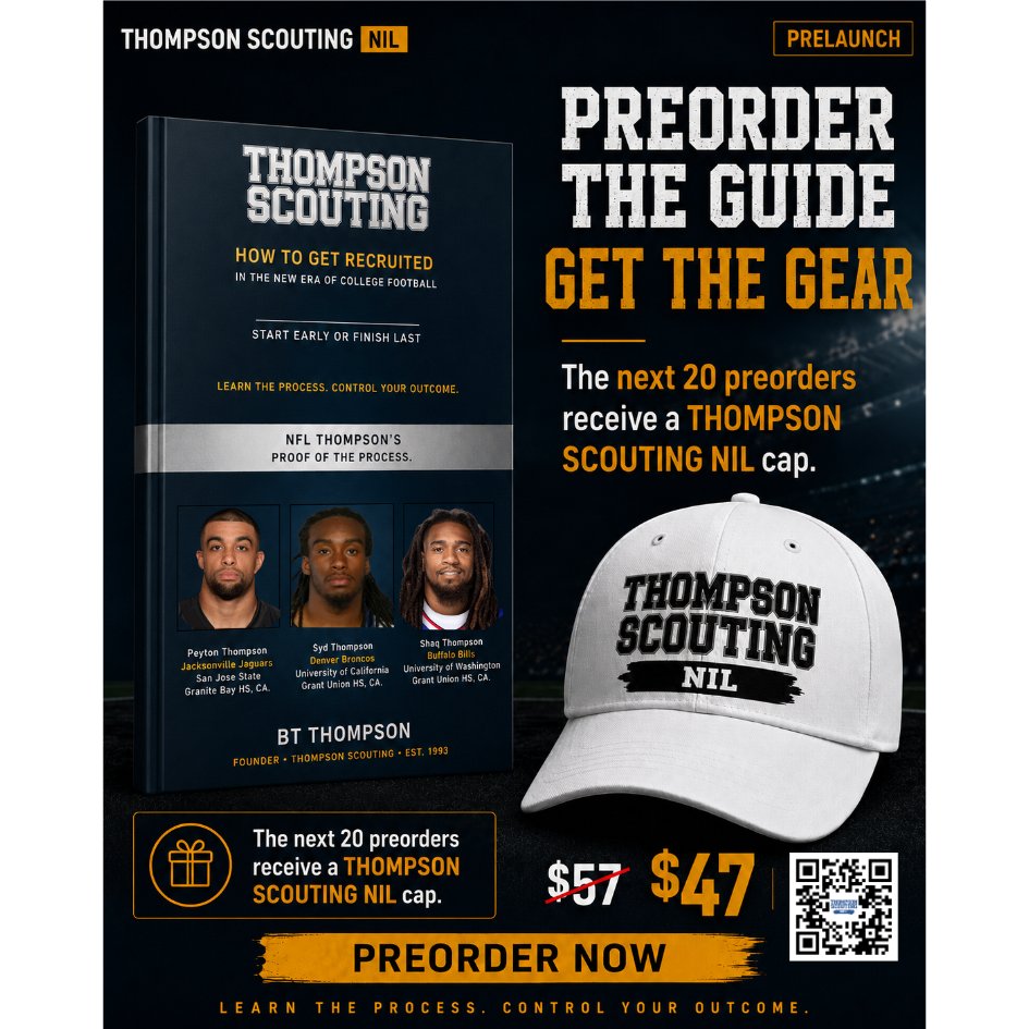 thompsonsctg's tweet photo. 🚨 PRELAUNCH BONUS 🚨

Preorder How To Get Recruited and get more than just the guide.

The next 20 preorders will receive a THOMPSON SCOUTING NIL baseball cap at no additional cost.

This guide is designed to help student-athletes and families better understand the recruiting process, start earlier, make smarter decisions and take control of their outcome.

Preorder price: $47
Regular price: $57

Limited offer. Once the 20 caps are claimed, the bonus ends.

#ThompsonScouting #HowToGetRecruited #CollegeFootballRecruiting #FootballRecruiting #CollegeRecruiting #HighSchoolFootball #StudentAthlete #FootballParents #RecruitingGuide #RecruitingProcess #NIL #PreorderBonus #GetRecruited #ClassOf2027 #ClassOf2028