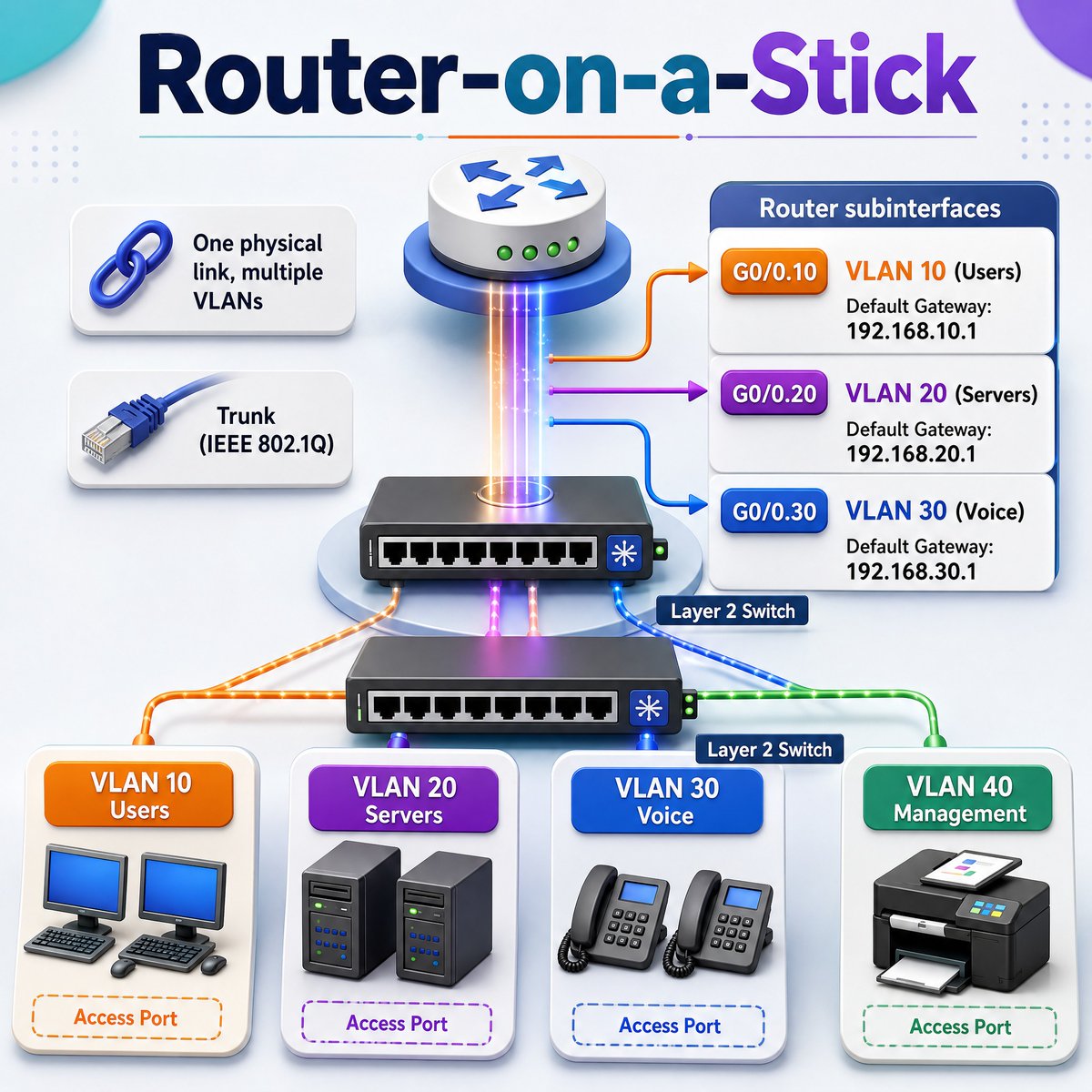 CiscoSwitchs's tweet photo. Routing between multiple VLANs with just ONE physical link? 🔀

Enter: Router-on-a-Stick! By using an 802.1Q trunk and configuring router subinterfaces, you can efficiently route traffic for your users, servers, and VoIP phones.

Have you ever configured ROAS in a production environment? 👇

#NetworkEngineering #VLAN #SysAdmin #Networking #TechTips