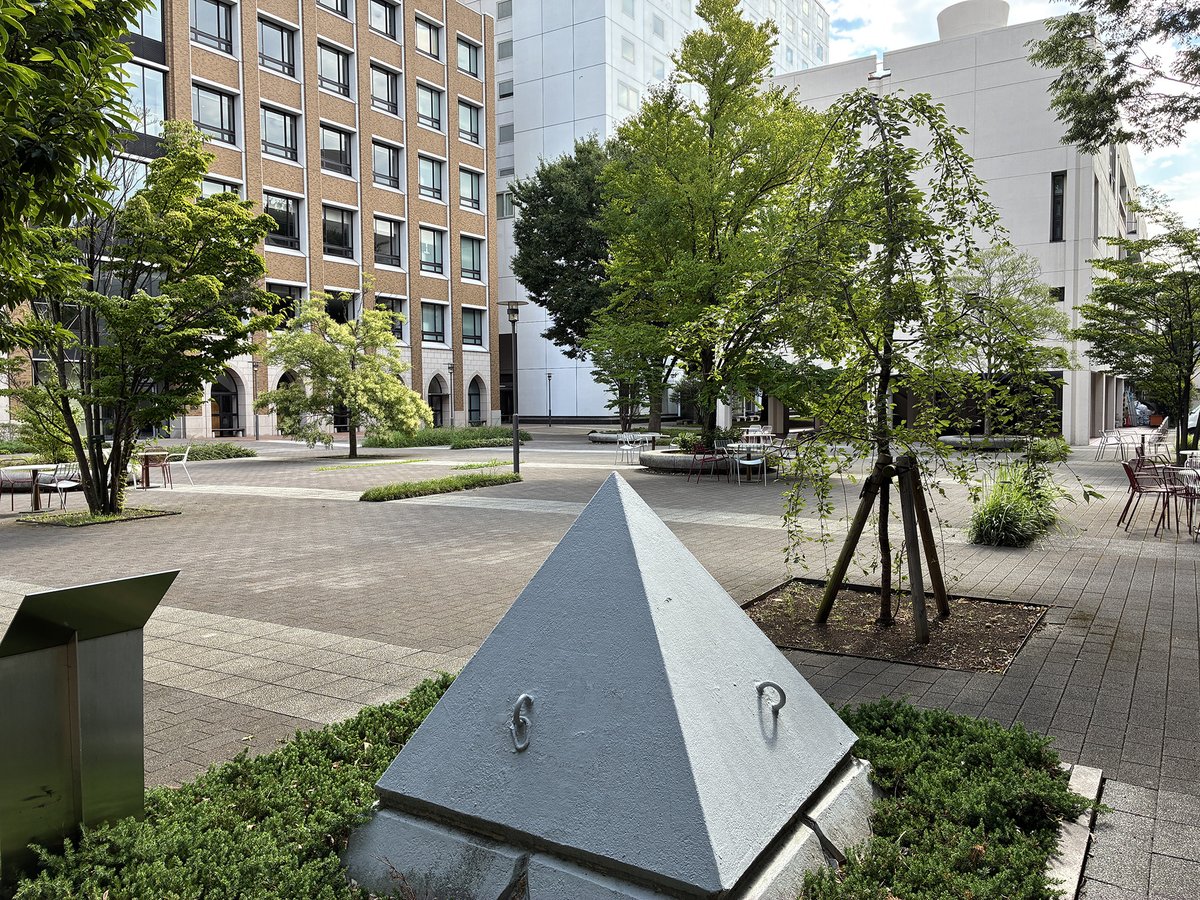 gakushuin_iss's tweet photo. 学生の皆さんが少なかったので、
朝一で「ピラミッドのてっぺん」を撮影しました。

左手レンガ調の建物が中央棟（模擬講義などあり）、真ん中の背の高い白い建物が東2号館（法経図書センターの自由見学あり）

そして、木の陰になっていますが、右側の背の低い白い建物が我らが【　南2号館　】です！ https://t.co/3ZSVl5Jmo7