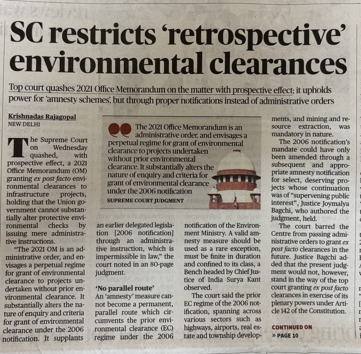 pargaien's tweet photo. “Pollute first, pay later”? Not anymore. ⚖️

The Supreme Court draws a data-backed red line:
🔹 No retrospective environmental clearances (overturns post-facto approvals regime)
🔹 Prior EC mandatory under the EIA framework before any construction
🔹 Reinforces “polluter pays” + sustainable development principles

With thousands of projects annually needing EC, this shuts the biggest compliance loophole. 🌳
Huge respect for Supreme Court  for continuing it’s proactive interventions 🙏🫡
#EnvironmentalJustice #RuleOfLaw #Conservation #supremecourt