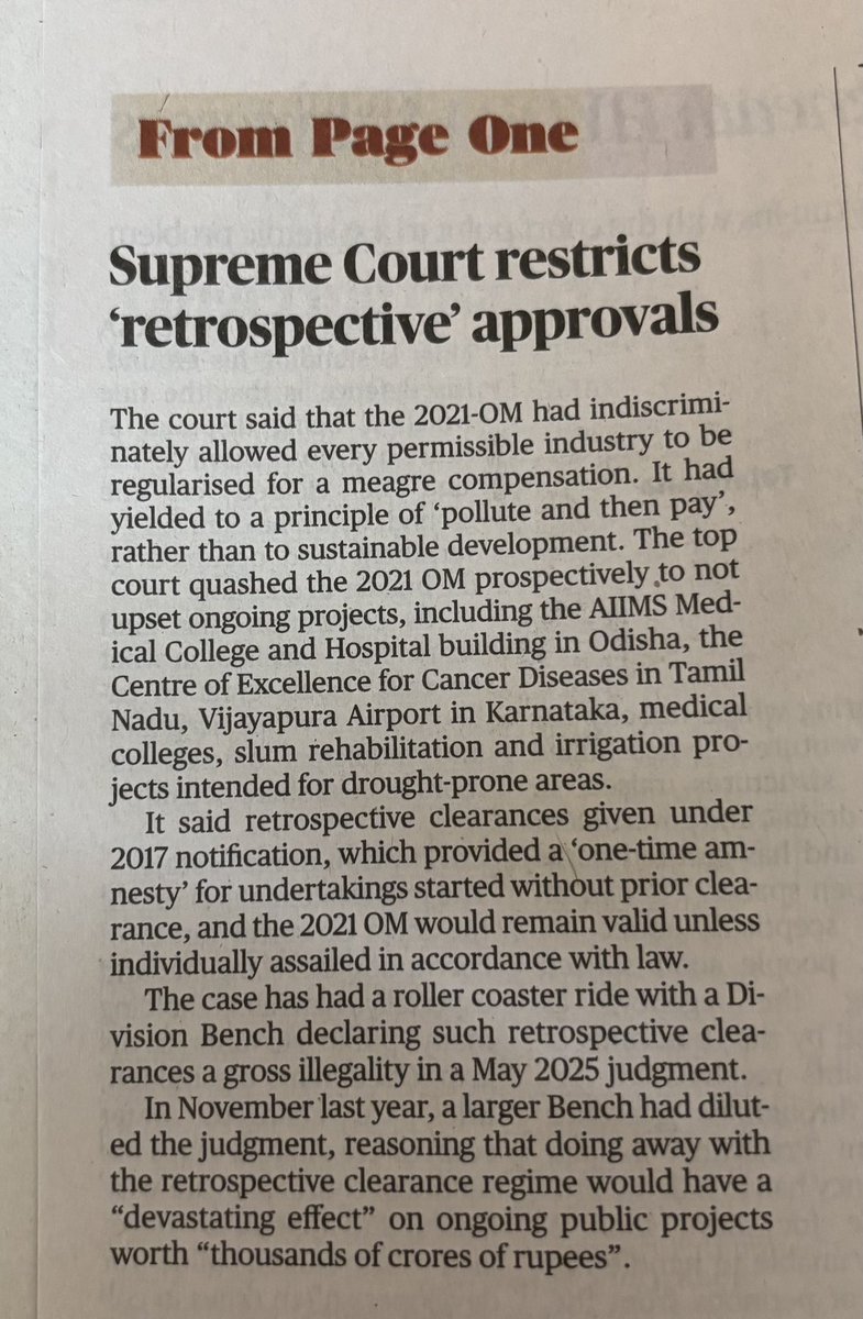 pargaien's tweet photo. “Pollute first, pay later”? Not anymore. ⚖️

The Supreme Court draws a data-backed red line:
🔹 No retrospective environmental clearances (overturns post-facto approvals regime)
🔹 Prior EC mandatory under the EIA framework before any construction
🔹 Reinforces “polluter pays” + sustainable development principles

With thousands of projects annually needing EC, this shuts the biggest compliance loophole. 🌳
Huge respect for Supreme Court  for continuing it’s proactive interventions 🙏🫡
#EnvironmentalJustice #RuleOfLaw #Conservation #supremecourt