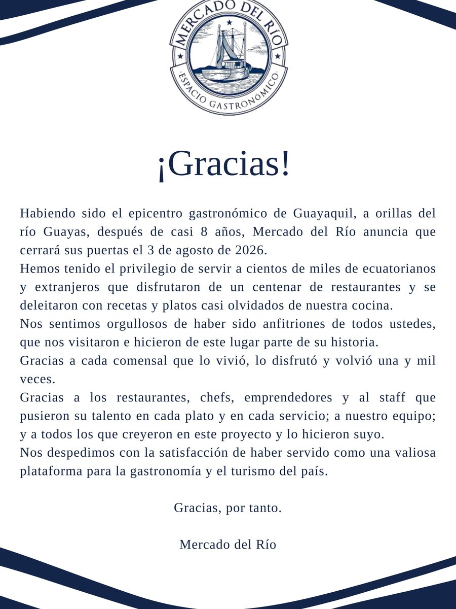 lahistoriaec's tweet photo. Hasta aquí nos trajo el río. El sitio de restaurantes Mercado del Río, ubicado en el Malecón 2000, cerrará sus puertas el 3 de agosto, porque las ventas ya no daban suficiente rentabilidad, después de ocho años de funcionamiento. Con un comunicado, se despidieron y agradecieron a todos. #Guayaquil