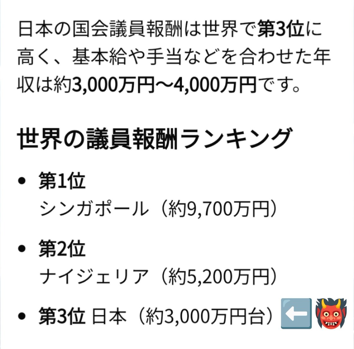 jyLYrvtSBpYqwYy's tweet photo. @7Znv478Zu8TnSWj 日本の国会議員の報酬は、世界で『3番目に高い』ようです💢

そんなに日本が財政赤字（嘘です）だと言いながら、なぜ議員報酬を削らない💢

外国へは毎日のように支援・援助と称して巨額資金をばら撒いている💢

途上国支援だと言い張っているJICA予算は約2.5兆円

JICA潰して国内インフラ整備を‼️ https://t.co/Et2IABsGba
