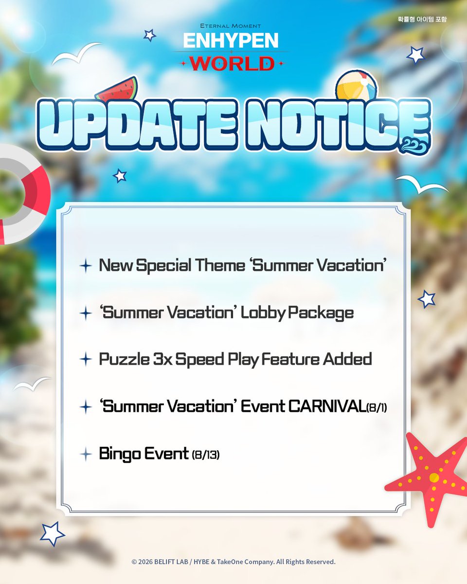 ENHYPENWORLD_X's tweet photo. 👒 Update Notice

All set to head off on a ‘Summer Vacation’ with the Connectors!
Let’s head to ENHYPEN World together ~ 🌞

Details 👉 https://t.co/aQgn1uvdna

🎮Download Now
https://t.co/KgDc7J0RdK

#ENHYPENWORLD #엔하이픈월드
#ENHYPEN #엔하이픈 https://t.co/iwAiLRiU7i