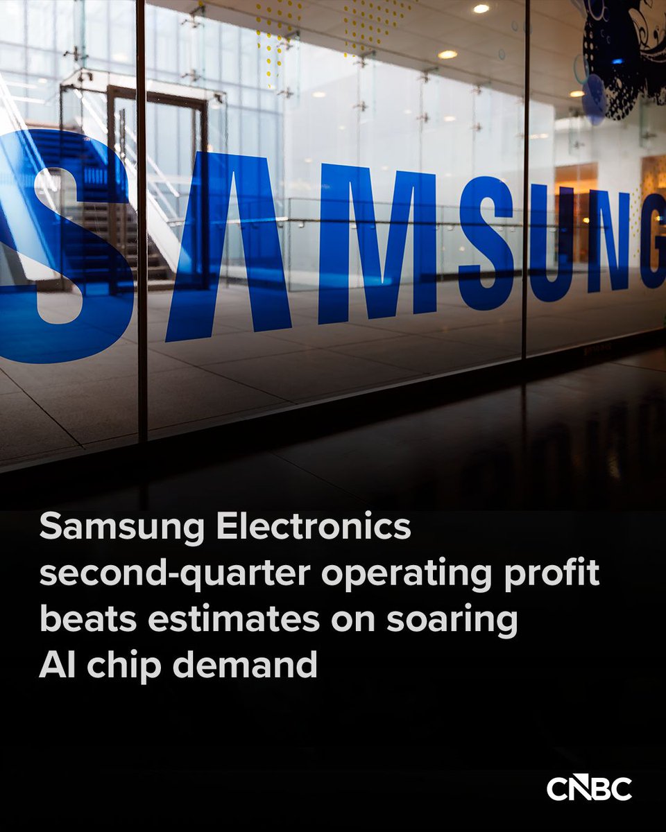 CNBC's tweet photo. Samsung Electronics extended its record run with second-quarter operating profit topping analysts’ estimates, as robust artificial intelligence demand continued to drive growth in its memory chip business.

Shares of Samsung were trading up 1.6% early Thursday.

Click here to read more: https://t.co/2HeU0JUj0D