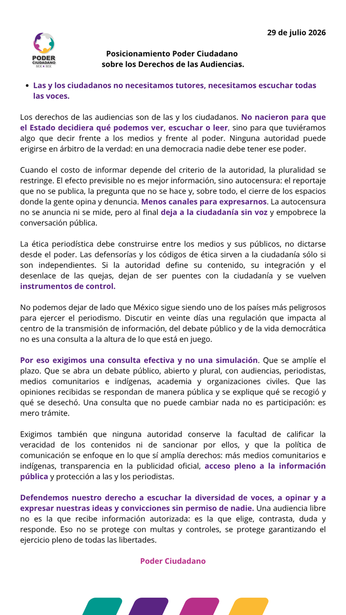 PodermxXmx's tweet photo. Las y los ciudadanos no necesitamos tutores: necesitamos escuchar todas las voces. El Estado no debe ser el árbitro de la verdad. No a la #LeyCensura
@AristeguiOnline, @latinus_us, @proceso, @CiroGomezL, @azucenau, @CarlosLoret
@DeniseDresserG, @LeoZuckermann, @SergioSarmiento, @lopezdoriga, @Coparmex
