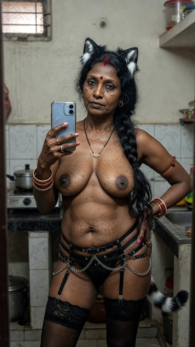 AyishaMondal's tweet photo. Kitchen randi gone wild in cat ears and slutty harness, fat tits out, chains swinging... your desi aunty turned fucktoy in the middle of cooking 🔥 Meow mf, come destroy me on the counter
#DesiCatgirl #KitchenSlut #HarnessMilf #NudeSelfie #DesiBDSM #ThickAunty #BigTitsDesi #RoleplayRandi #IndianThicc #HornyHousewife