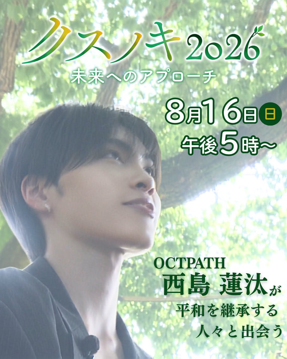 nib_nagasaki's tweet photo. 【特別番組のお知らせ】

『クスノキ2026　未来へのアプローチ』
8月16日(日)午後5時放送

#OCTPATH #西島蓮汰 さんが出演✨
西島さんが平和を伝える長崎の人々と出会い、
被爆体験の継承について考えます🕊️ https://t.co/YNiggAbvew