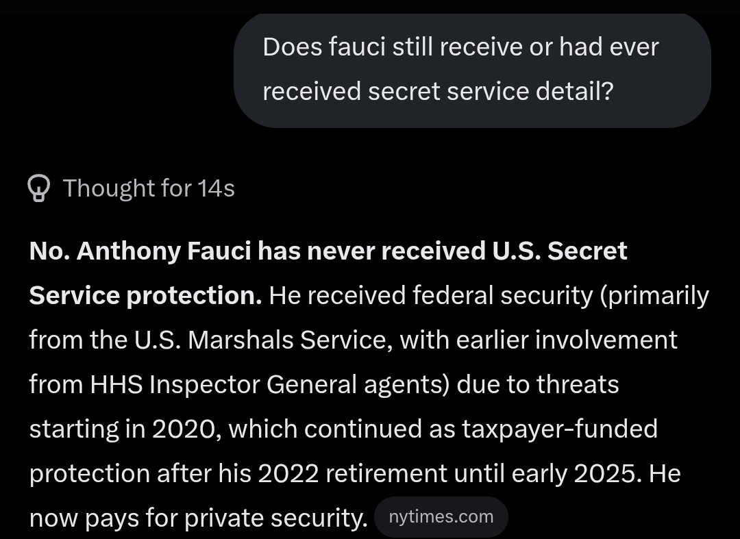 mendozamicah17's tweet photo. What pin is he wearing?

Fauci had federal protection til early 2025 that started april 2020. Fauci wasn't entitled to secret service detail. But recieved federal protection due to death threats because of Covid ironically.

Who is that agent? Which agency? Marshals?

If it's Marshals, I'm gunna go out on a limb and say Fauci has already been detained.

Current investigation? Military?

Why would Fauci still have federal protection?