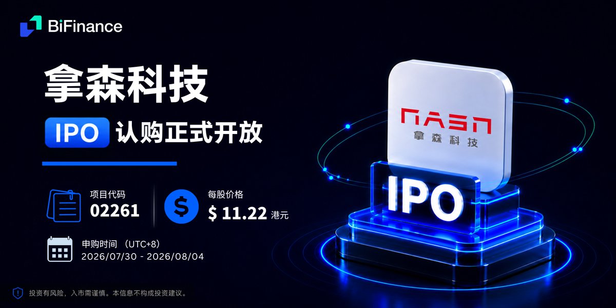 BifinanceEx's tweet photo. 🚀 IPO 认购正式开放｜拿森科技（https://t.co/mFckljvXaO）
拿森科技 IPO 现已开放认购！
📌 项目代码：https://t.co/mFckljvXaO
💰 每股价格：11.22 港元
📅 申购时间（UTC+8）：
2026/07/30 – 2026/08/04
欢迎通过 BiFinance 参与拿森科技 IPO 认购，把握优质新股投资机会。
立即参与 👉 https://t.co/CzHZmUIoVa
以上内容仅供市场资讯分享，不构成任何投资建议。
#BiFinance #IPO #拿森科技 #02261 #港股IPO #新股认购 #港股