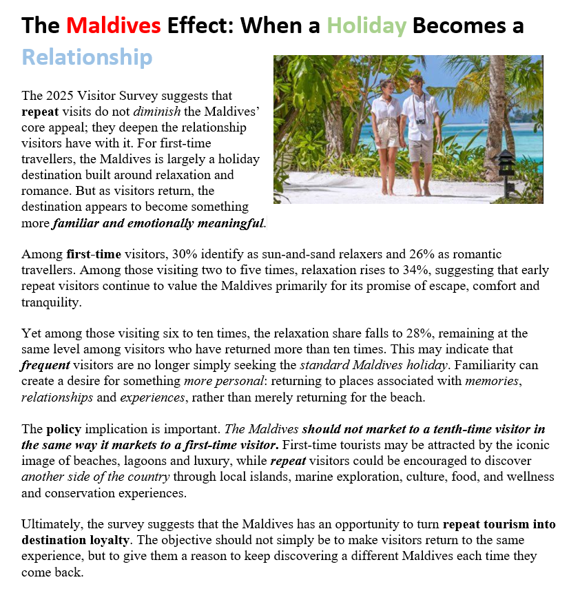 _mohamedimad's tweet photo. The #Maldives evolves from a relaxing holiday destination for first-time visitors into a destination of deeper familiarity & emotional attachment for repeat travellers. #MaldivesTourism #VisitorSurvey2025 #Tourism #TravelTrends #TourismStrategy #VisitorExperience
#VisitMaldives https://t.co/5ckctXPOjs