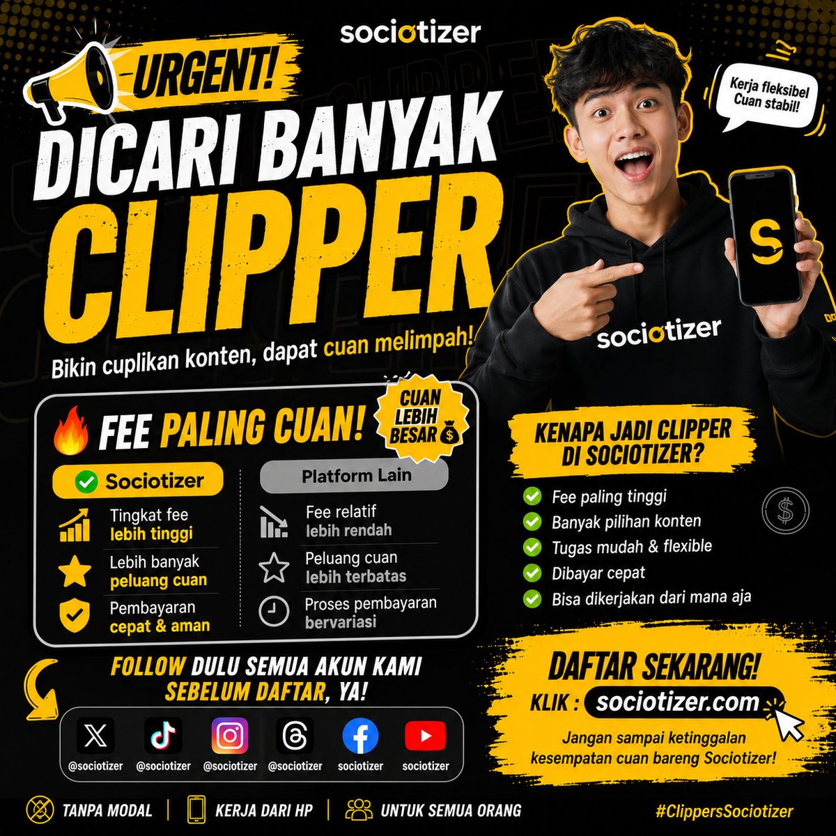 sociotizer's tweet photo. 🚨 URGENT! Kami lagi buka banyak slot buat CLIPPER! 🔥

Kalau kamu suka nonton video pendek, sekarang saatnya ubah scroll jadi cuan! 💸

🔥 Kenapa gabung di Sociotizer?
✅ Fee kontributor lebih tinggi dibanding banyak platform lain.
✅ Kerja fleksibel, cukup dari HP.
✅ Tugas mudah & pembayaran cepat.

⚠️ WAJIB FOLLOW akun kami dulu sebelum daftar ya!

Setelah follow, langsung daftar di:
🌐 https://t.co/HxYFo1iQZr

Tag teman yang lagi cari penghasilan tambahan!

#LokerOnline #Clipper #ContentCreator #KerjaOnline #CariCuan #Freelance #SideHustle #RemoteJob #SocialMedia #Sociotizer
