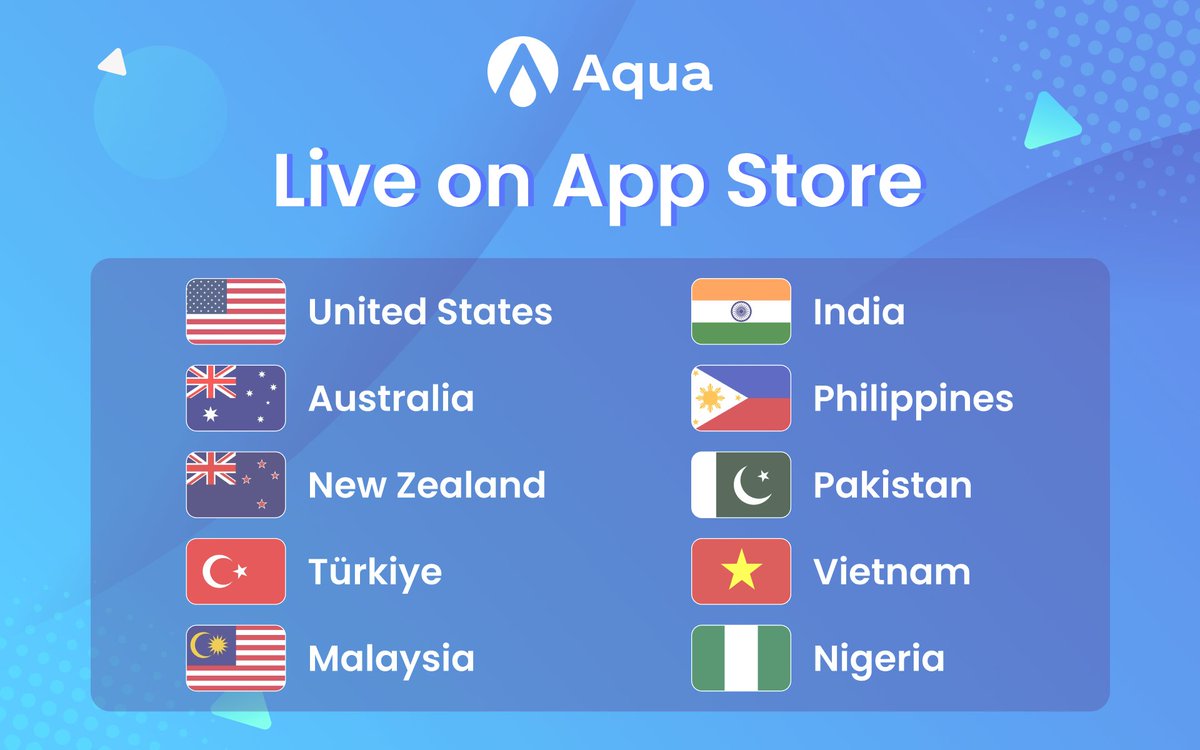 AquaXapp's tweet photo. Aqua is expanding! 🌍
We’re now live on the App Store  in 10 more regions:
🇺🇸 United States
🇦🇺 Australia
🇳🇿 New Zealand
🇹🇷 Türkiye
🇲🇾 Malaysia
🇮🇳 India
🇵🇭 Philippines
🇵🇰 Pakistan
🇻🇳 Vietnam
🇳🇬 Nigeria
Download now: https://t.co/GYi40ZCfkU 🚀 https://t.co/o70shuCza3