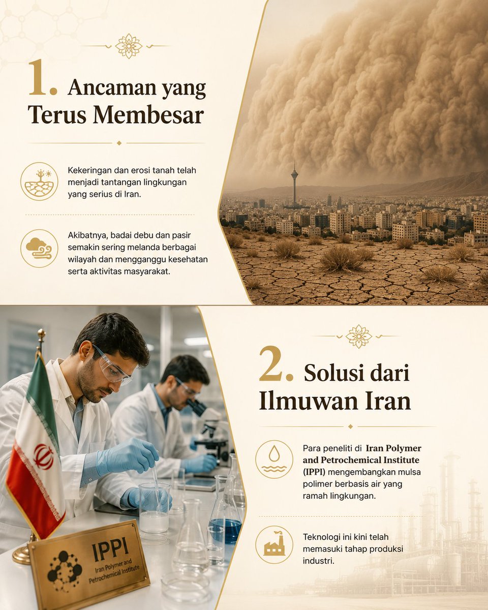 IraninIndonesia's tweet photo. 🇮🇷🔬 Dari laboratorium hingga produksi industri, Iran terus menghadirkan inovasi untuk menjawab tantangan nyata. 

Perisai polimer ramah lingkungan ini menjadi bukti bahwa riset dalam negeri mampu melahirkan solusi bagi masalah badai debu dan erosi tanah. 🌱🏜 https://t.co/GVYRhuZpcT