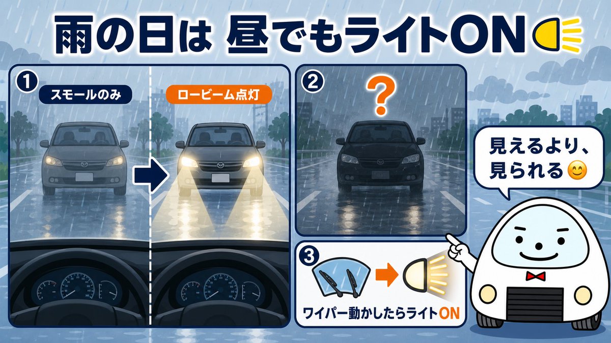 cs_omusubi's tweet photo. 雨の日のライト、誰のため？🤔

今朝の札幌はしっかり雨☔
昼でも点けるのは「見てもらう」ためです。

①スモールよりロービーム
②暗い色の車ほど埋もれる傾向
③ワイパーを動かしたらライトON

ご相談はプロフのリンクから💬

#札幌 #北海道ドライブ #安全運転 #車の豆知��� https://t.co/Tg0pHT6wRi