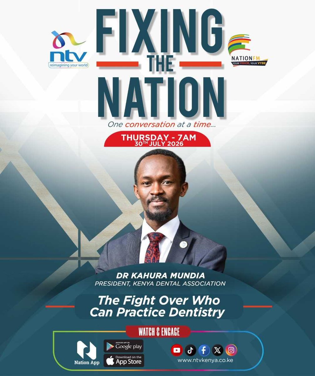 ntvkenya's tweet photo. Today on #FixingTheNationNTV: 

7 am: Who can practise dentistry? | Dr Kahura Mundia 
8 am: Curbing uncompetitive trade practices | Adano Wario, CAK 
9 am: Why Kenya must end political party dictatorship | Albert Memusi. 

Livestream on the Nation app, YouTube, X, Facebook. 

@NationFmKE @EricLatiff @MariamBishar