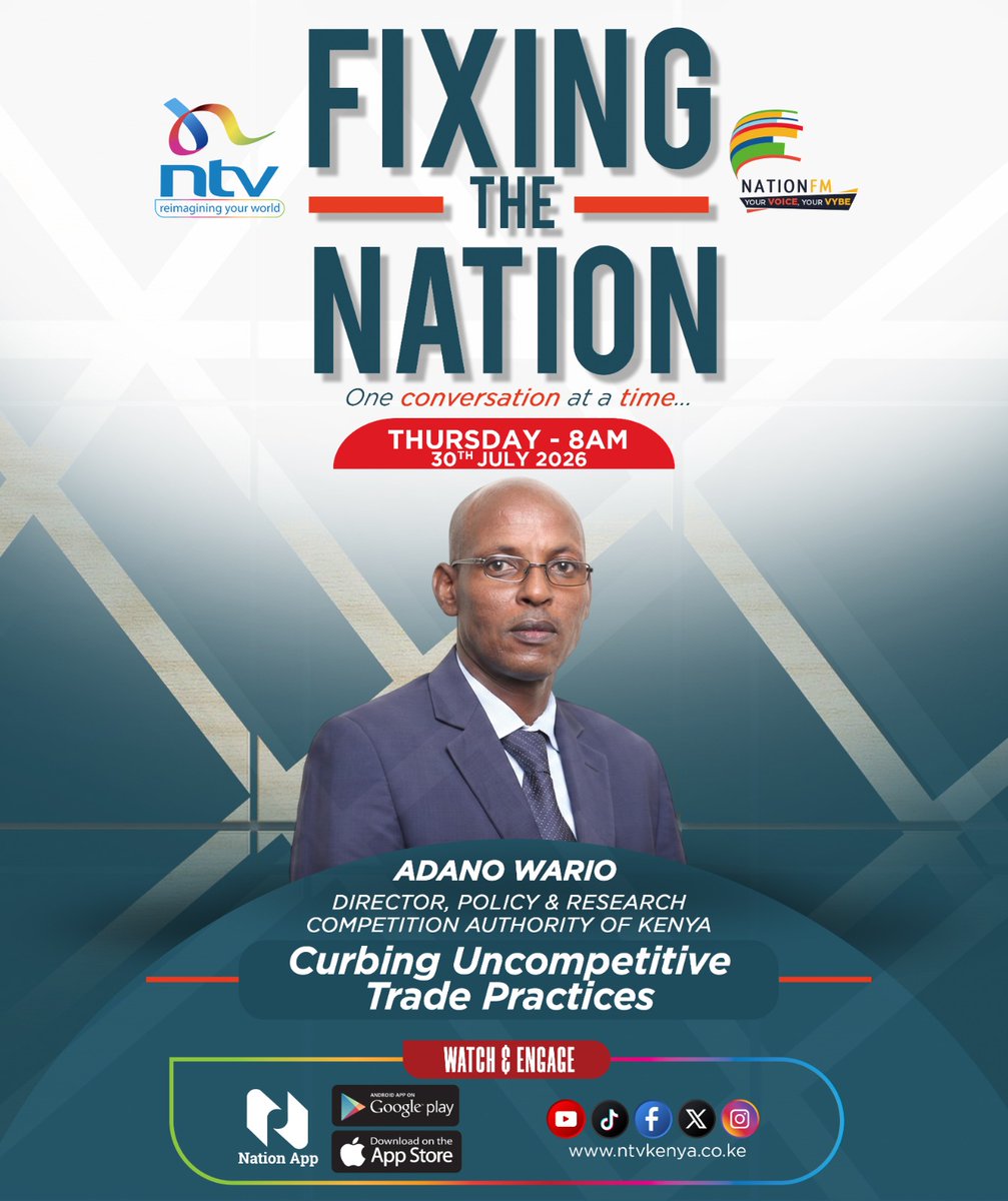 ntvkenya's tweet photo. Today on #FixingTheNationNTV: 

7 am: Who can practise dentistry? | Dr Kahura Mundia 
8 am: Curbing uncompetitive trade practices | Adano Wario, CAK 
9 am: Why Kenya must end political party dictatorship | Albert Memusi. 

Livestream on the Nation app, YouTube, X, Facebook. 

@NationFmKE @EricLatiff @MariamBishar