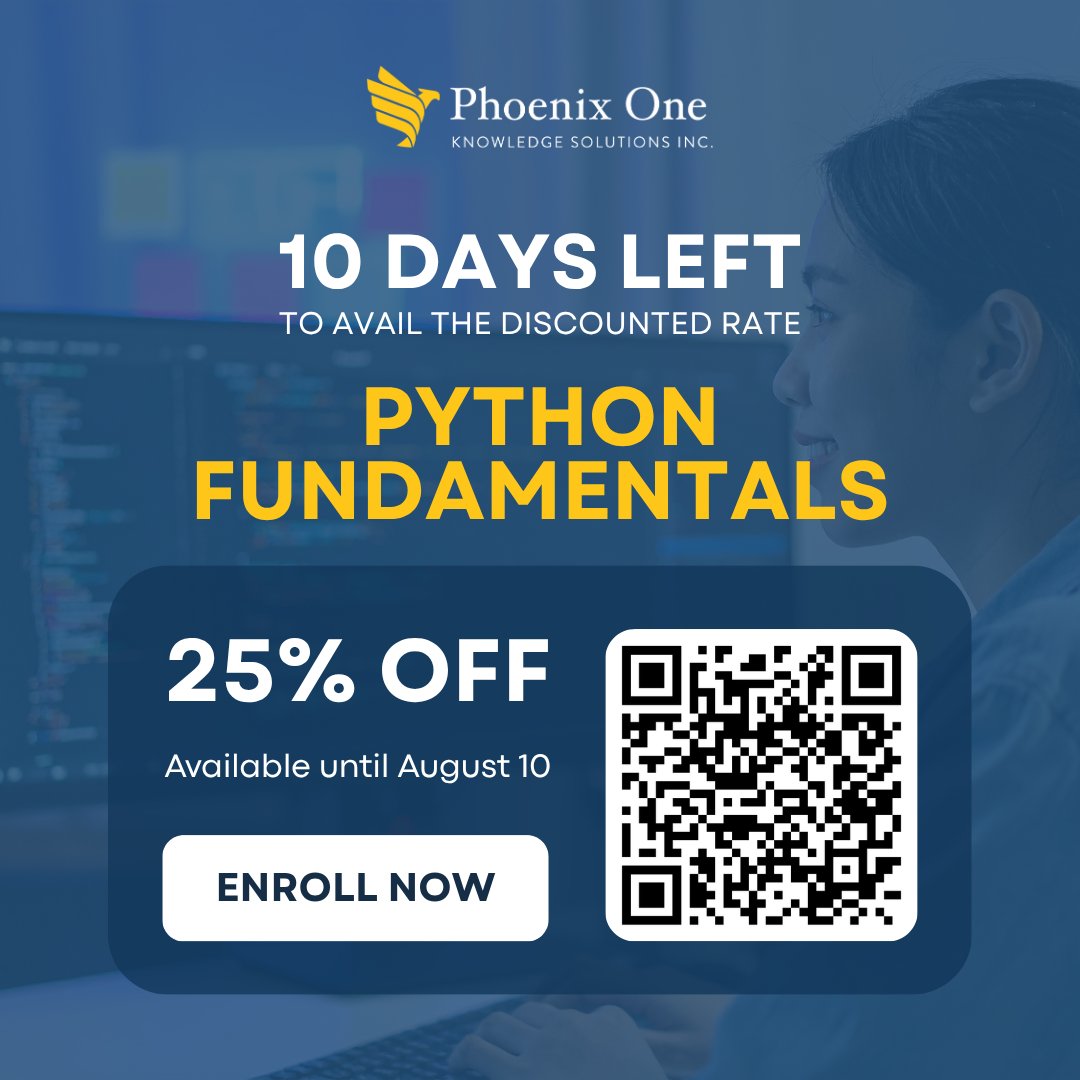 phoenixone_ph's tweet photo. Only 10 days left to secure 25% off our upcoming Python Fundamentals training.

Register here: https://t.co/ahJnrJK2Wm

#PhoenixOne_PH https://t.co/32WTl3tifi