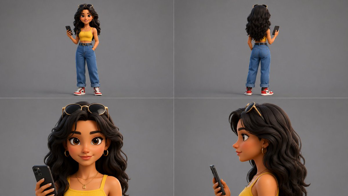 3D Animated Character Reference Sheet for a Stylish Woman