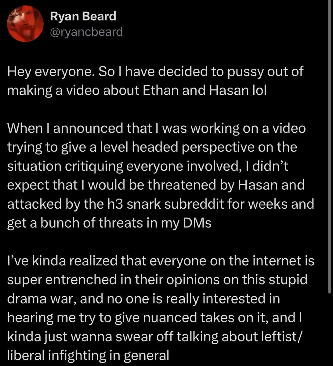 TheOmniLiberal's tweet photo. Not calling out @ContraPoints in particular, but there is a reason why people tend to only heavily criticize one side.

Take @ryancbeard for example. He made a "nuke" about me that's sitting at over 900,000 views right now. Obviously I disagree with the vast majority of it, but it's fairer than most. He announced he was going to make a video covering the weird snarker/lefty types, and was bullied so hard on just the announcement that he never even followed through with the video: