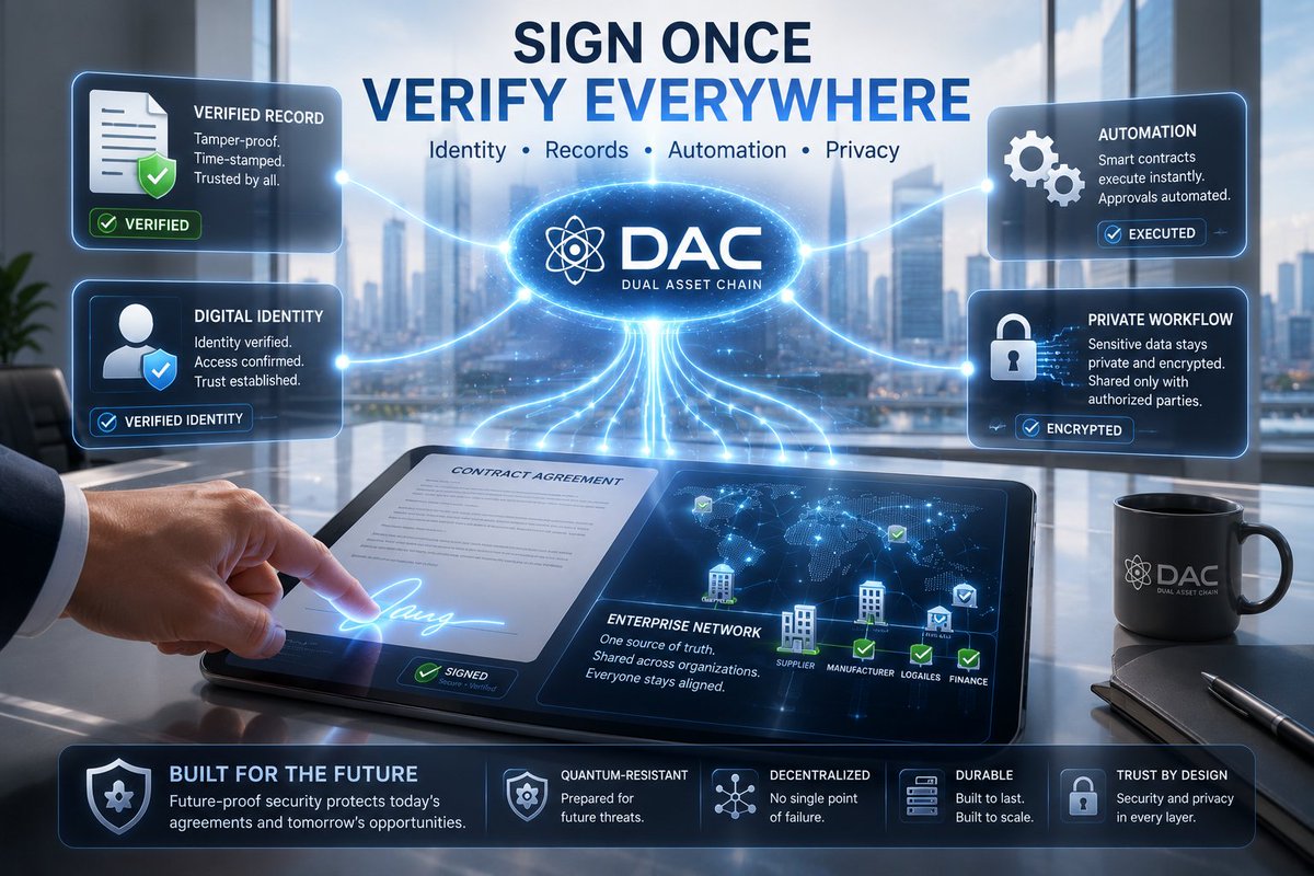 LisaAnders462's tweet photo. Imagine signing a contract online in minutes.

Your identity is verified, the document becomes tamper-proof, approvals are automated, and sensitive data stays private.

That’s the kind of real-world blockchain adoption DAC is built to support—with security designed for the future.