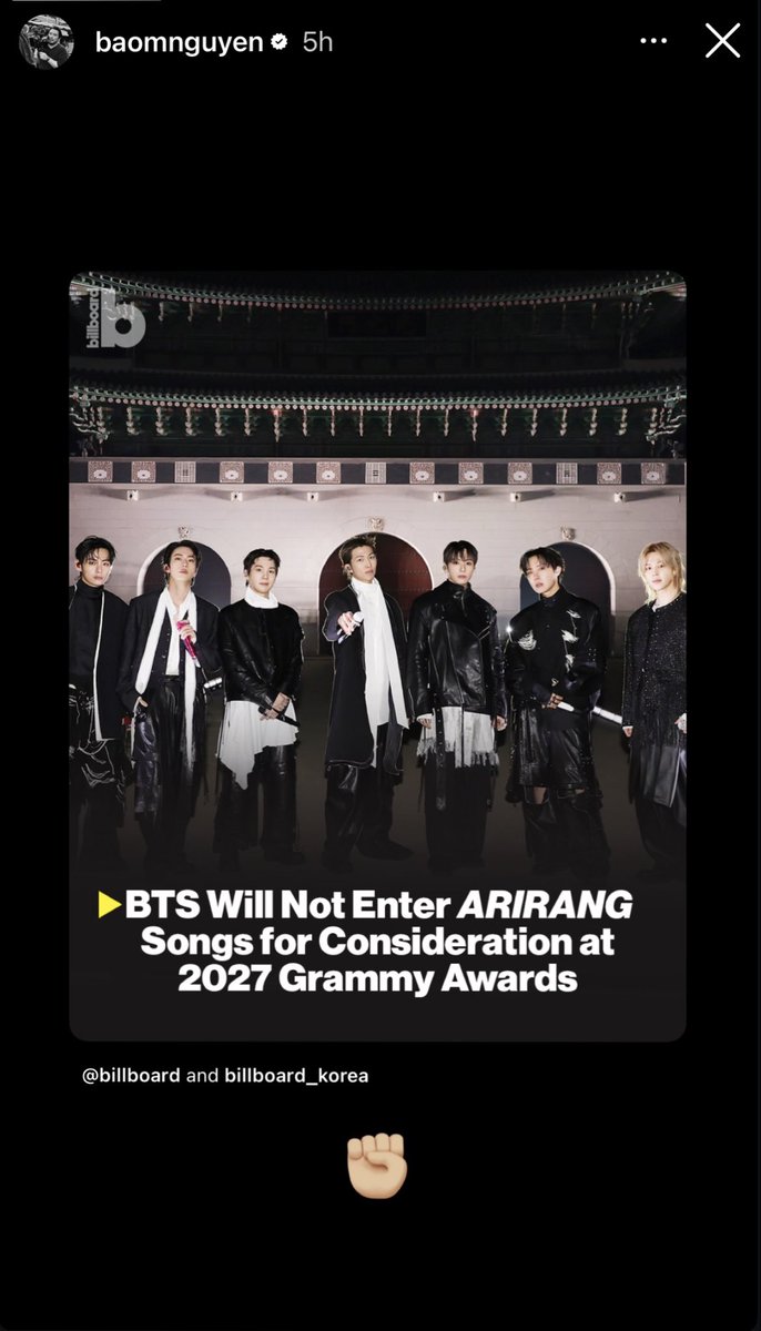orul8ce's tweet photo. Bao Nguyen, director of BTS: The Return, who was there throughout the entire ARIRANG album journey….from its conception to its release. 🥹👏

He posted an Insta Story showing support for BTS boycotting the Grammys with a ✊ emoji👏👏👏🔥💜 https://t.co/aacUyO2ze9