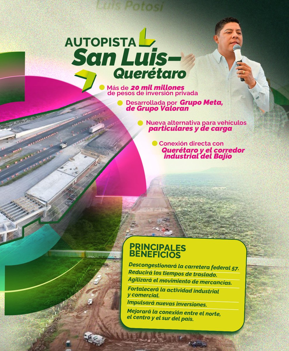 RGC_Mx's tweet photo. 🚧 ¡Ahijadxs, San Luis sigue avanzando a toda velocidad! 
Estamos construyendo el corredor carretero más grande de México con las autopistas San Luis–Matehuala y San Luis–Querétaro, para conectar mejor a nuestro estado, impulsar la inversión y generar más oportunidades para todas y todos. 💚

#PotosíSinLímites #Movilidad #slp