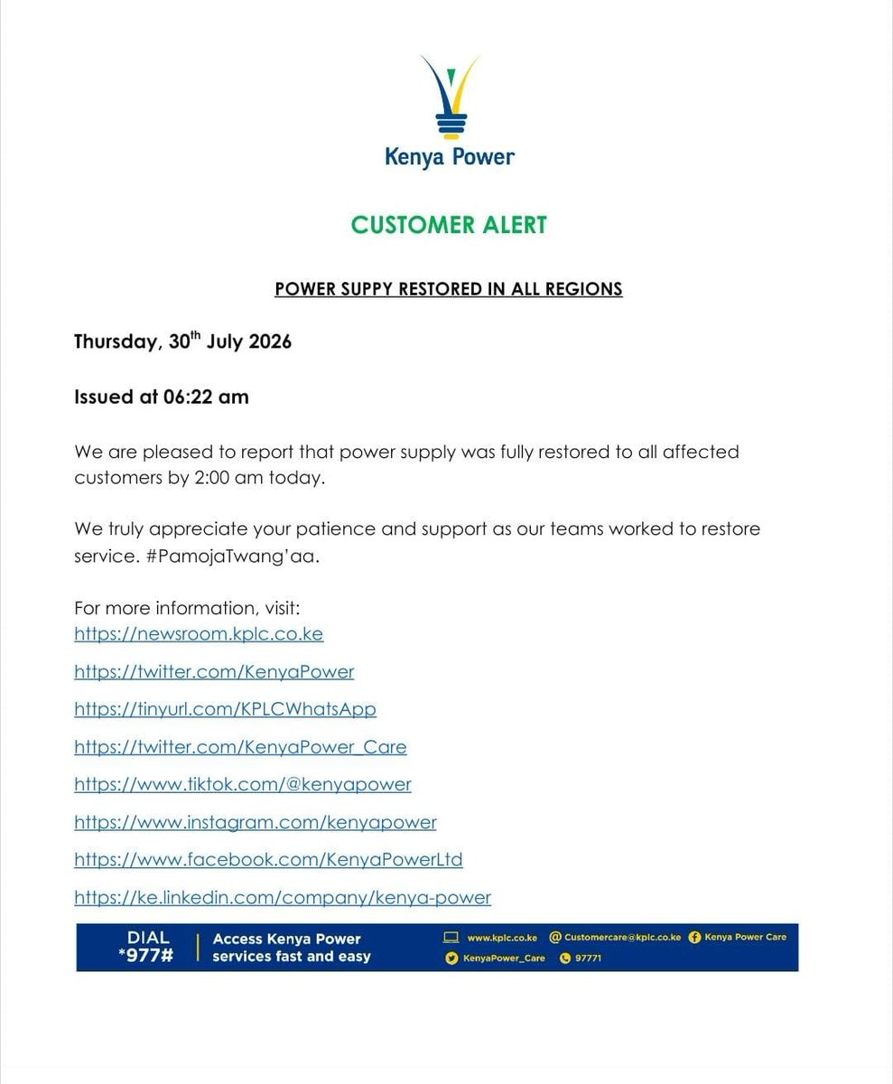 KenyaPower's tweet photo. CUSTOMER ALERT: Power Supply Restored in all Regions ^OS https://t.co/ACzzKgYL9v