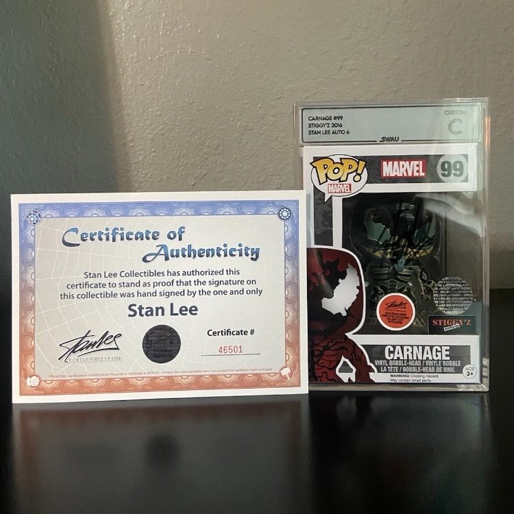 StarfindQuest's tweet photo. STAN LEE CARNAGE FUNKO - Marvel Carnage Funko POP! #99 vinyl figure with Stan Lee autograph. Includes official Stan Lee Collectibles Certificate of Authenticity. Graded and protected collectible. https://t.co/akob3b4EP5
