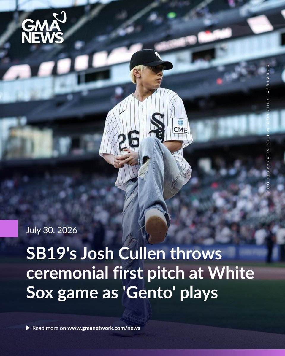 gmanews's tweet photo. PITCH PERFECT, SSOB! 🤩

SB19 made an impression at the Chicago White Sox vs. New York Yankees game at Rate Field in Chicago.

For the ceremonial first pitch, SB19 member Josh Cullen had the honor of throwing the pitch — and he did it while their hit song "Gento" played in the background!

READ MORE: https://t.co/rUgFVCPboR