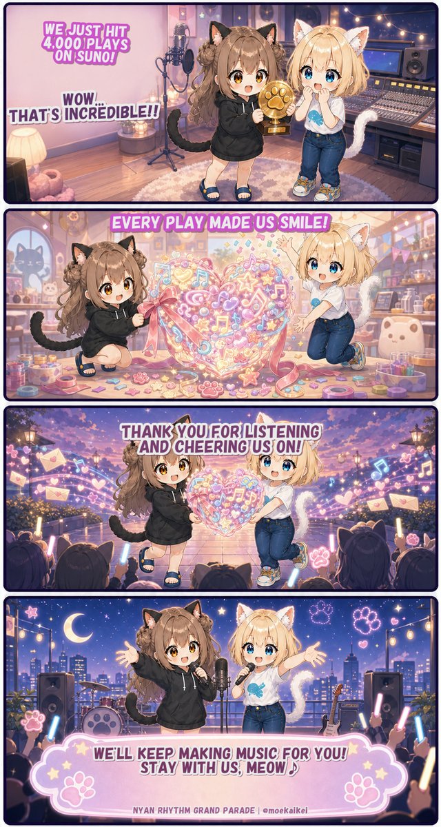 moekaikei's tweet photo. 🎉 We just hit 4,000 plays on Suno! 🐾

Thank you so much for listening to Nyan Rhythm Grand Parade and cheering us on!
Every play made Non and Chloé smile ✨
We’ll keep making cute and fun music for you.
Stay with us, meow♪

🎧 Listen here👇
https://t.co/fS05axR5x9
#SunoAI #AIMusic #moekaikei