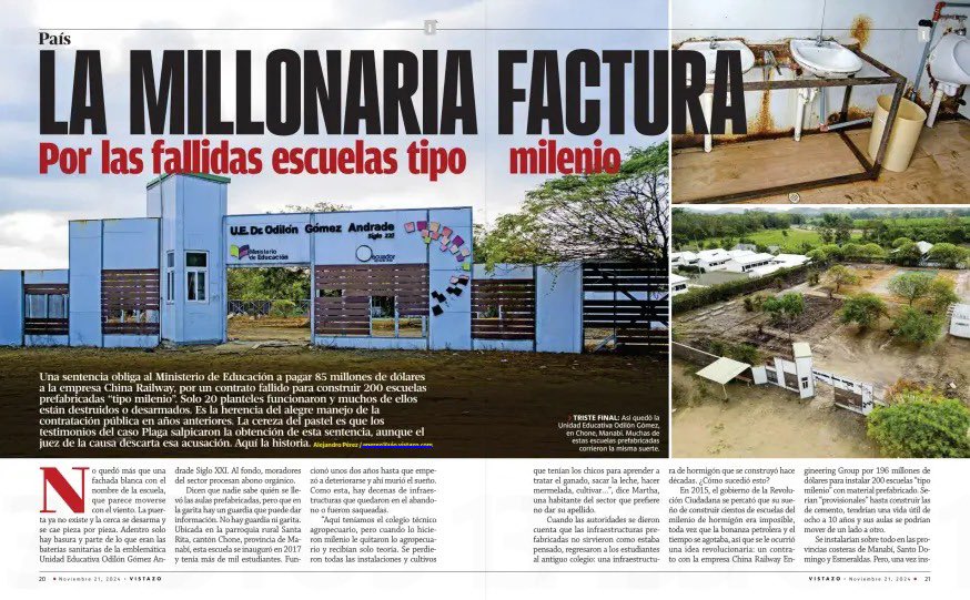 lahistoriaec's tweet photo. Escuelas truchas, millonarios pagos. La revista Vistazo publicó el caso del fallido contrato de las escuelas prefabricadas contratadas con una empresa china, que terminó en una sentencia contra el Estado que debe pagarles $85 millones, incluidos los intereses. Por este caso, hoy fueron allanados los jueces que fallaron en casación a favor de los chinos. La Fiscalía investiga el delito de cohecho.