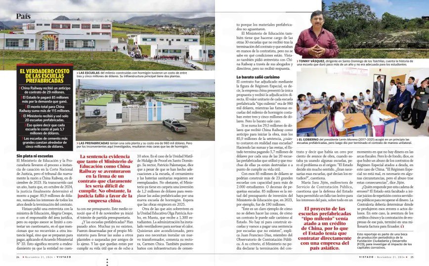 lahistoriaec's tweet photo. Escuelas truchas, millonarios pagos. La revista Vistazo publicó el caso del fallido contrato de las escuelas prefabricadas contratadas con una empresa china, que terminó en una sentencia contra el Estado que debe pagarles $85 millones, incluidos los intereses. Por este caso, hoy fueron allanados los jueces que fallaron en casación a favor de los chinos. La Fiscalía investiga el delito de cohecho.