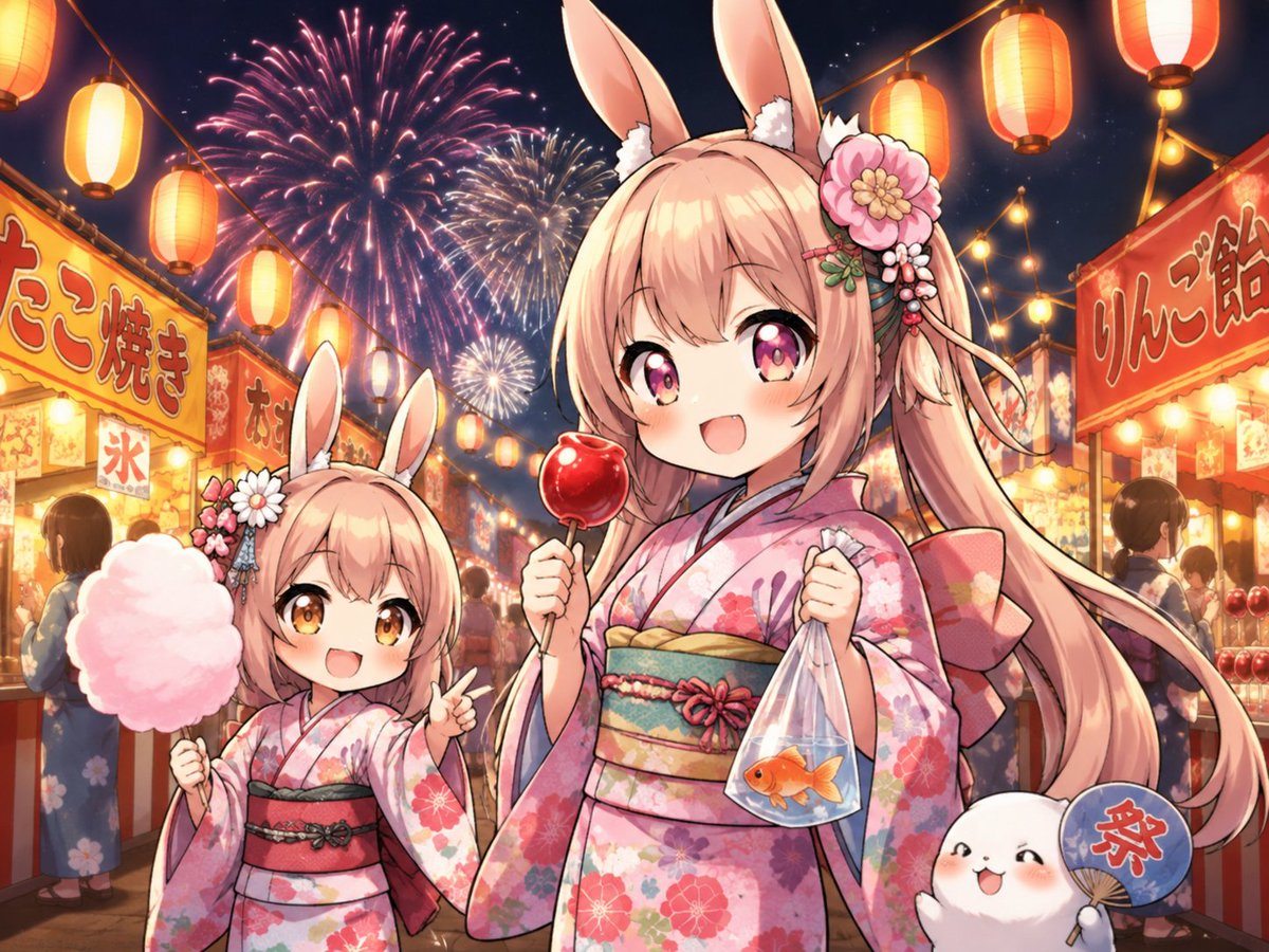 ChikaraUmeno's tweet photo. せっかく作ったので貼ります♪✨️
ねこ・うさ・もーもー・くまちゃんたちの夏祭り！
#AIイラストつくろっ
#ぱかぱか保育園 https://t.co/ZaRdjgaZqk