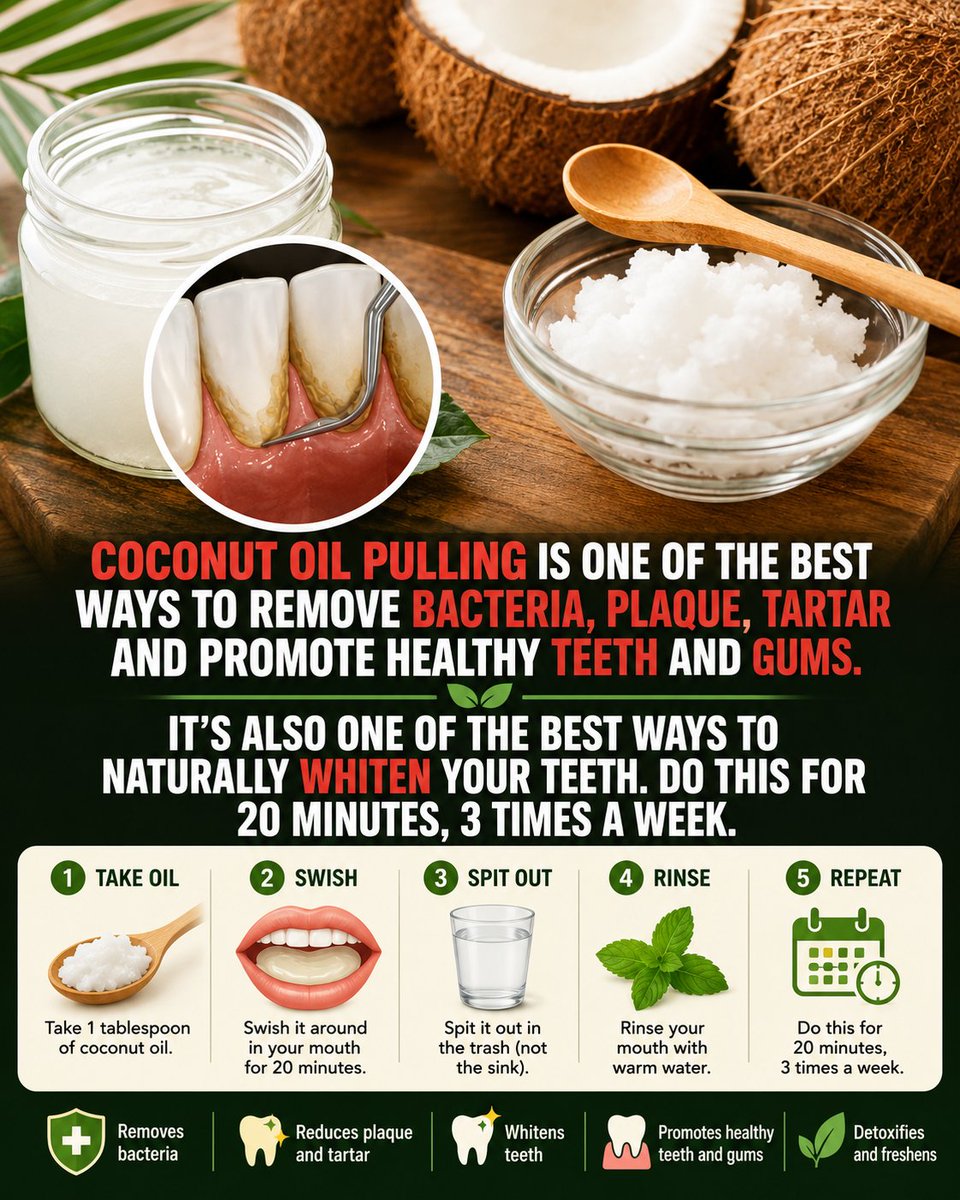 BarbaraOneillAU's tweet photo. Oil pulling with coconut oil is a time-tested Ayurvedic practice that helps eliminate harmful oral bacteria, reduce plaque buildup, and support healthier gums. Rich in antimicrobial compounds like lauric acid, coconut oil has been shown to combat Streptococcus mutans, one of the primary bacteria responsible for tooth decay and gum disease.

Clinical studies have found that oil pulling can significantly decrease plaque and gingivitis when practiced regularly. It also acts as a natural teeth whitener by gently removing surface stains without damaging enamel.

How to do it:
👉Swish 1 tablespoon of organic coconut oil in your mouth for 15-20 minutes
👉Spit it into a trash can (not the sink)
👉Rinse with warm water and brush as usual
👉Repeat 3-7times a week for best results

Consistent practice can lead to fresher breath, whiter teeth, and stronger oral defenses - all without chemicals or synthetic ingredients.

Natural. Effective. Backed by tradition and emerging science.
