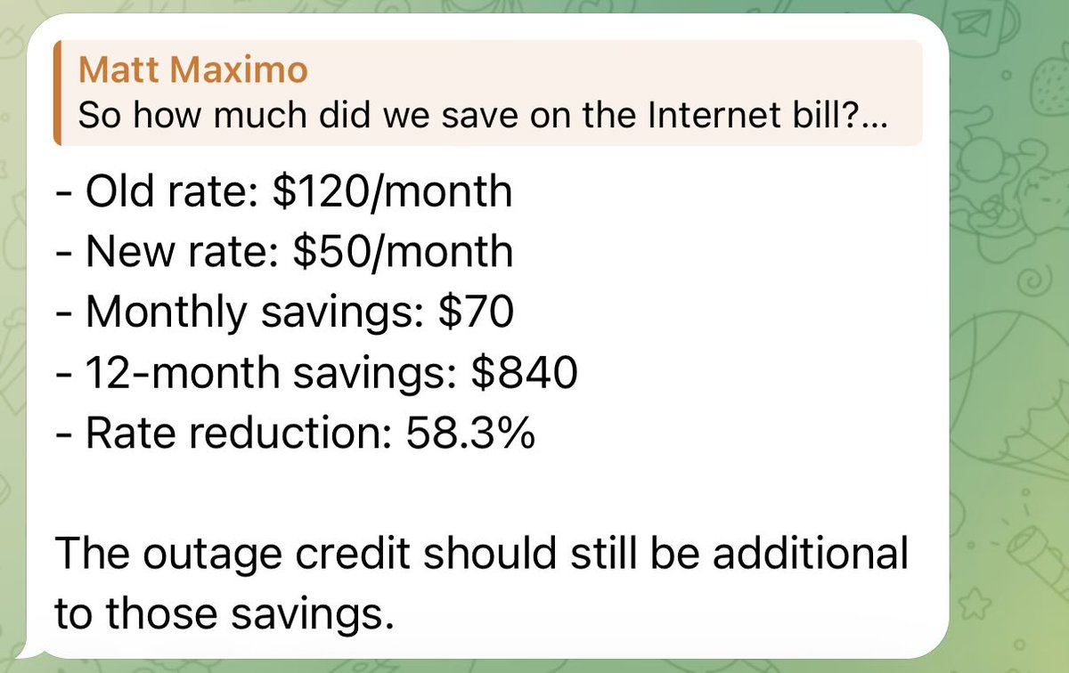 Mattmaximo's tweet photo. Hermes just negotiated my Spectrum bill down 58% https://t.co/ZWrfEhR7SD
