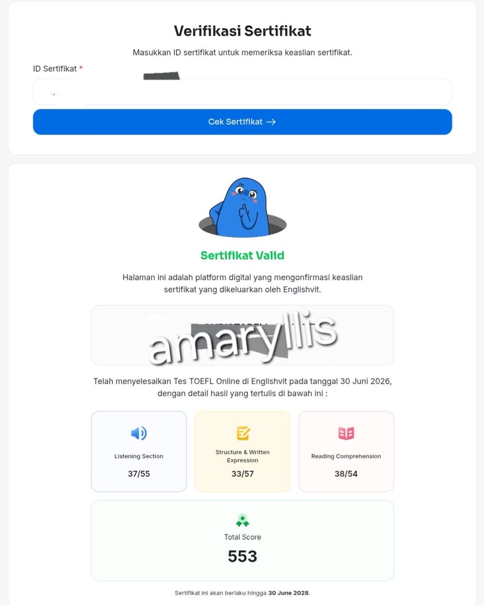 amaryliscx_'s tweet photo. Open order Joki TOEFL kampus, itp, pbt, english score, dkk 85k, bisa include sertifikat
✔️Sertifikat resmi &amp; terdaftar, no edit
✔️Bisa scan barcode untuk lacak keaslian
✔️Proses 1-3 jam
✔️Payment di akhir
✔️Bisa untuk syarat sidang S1, kerja, BUMN, CPNS

Chat by WA📩

#jokitoefl https://t.co/TNPnBx1eVQ