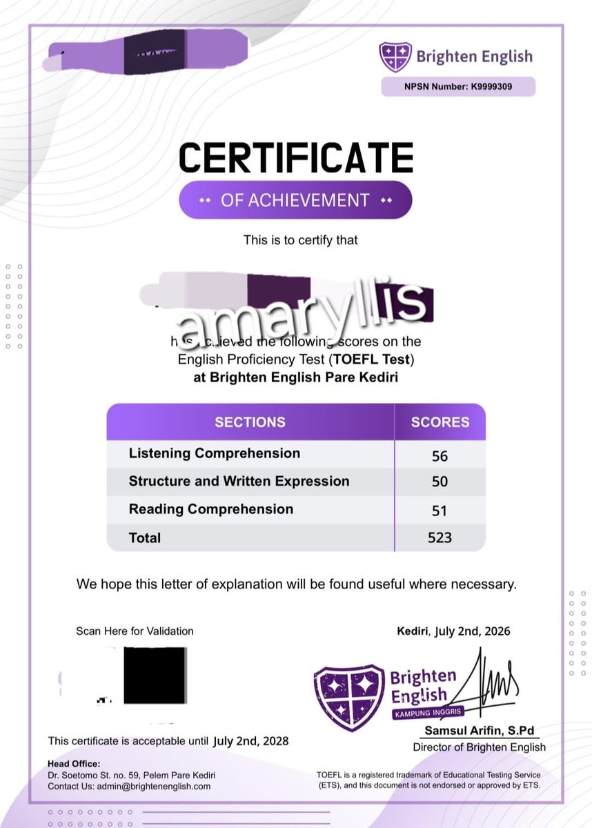 amaryliscx_'s tweet photo. Open order Joki TOEFL kampus, itp, pbt, english score, dkk 85k, bisa include sertifikat
✔️Sertifikat resmi &amp; terdaftar, no edit
✔️Bisa scan barcode untuk lacak keaslian
✔️Proses 1-3 jam
✔️Payment di akhir
✔️Bisa untuk syarat sidang S1, kerja, BUMN, CPNS

Chat by WA📩

#jokitoefl https://t.co/TNPnBx1eVQ
