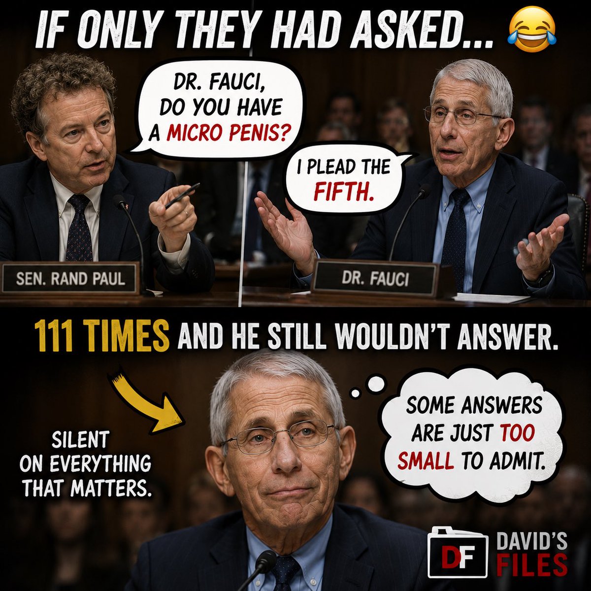 DavidsFiles's tweet photo. #PoliticalHumor #Fauci #SenateHearing #Satire #DavidsFiles https://t.co/wfDGl2Tci1