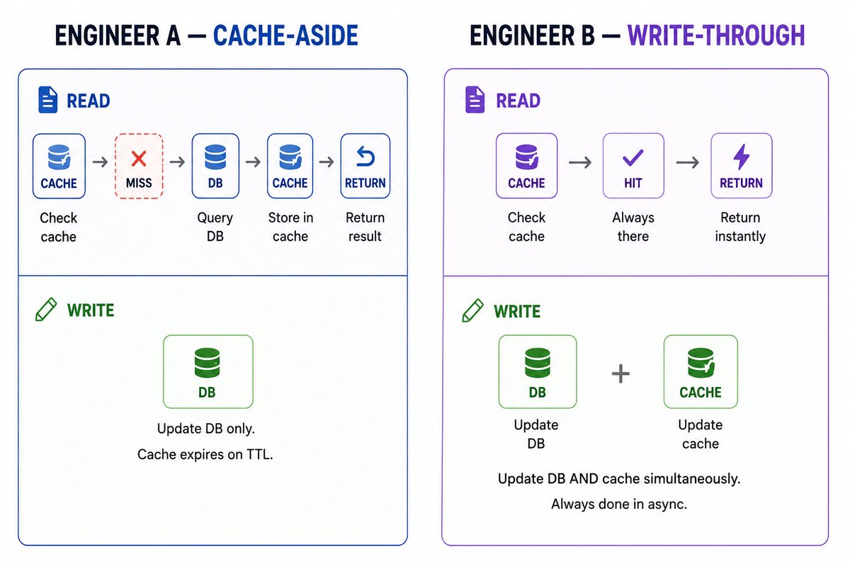 krunalbuilds's tweet photo. Senior Backend Interview Question:

Two engineers cache product data.

Engineer A — Cache-Aside 👇

Read: Check cache → miss → query DB → store in cache → return
Write: Update DB only. Cache expires on TTL.

Engineer B — Write-Through 👇

Read: Check cache → always there → return instantly
Write: Update DB AND cache simultaneously. Always in sync.

Engineer A's users see stale product prices for up to 1 hour.

A flash sale starts. Old prices show for 60 minutes.

Engineer B's cache is always fresh. But every write is slower because it updates two places.

At Shopify, flash sales affect millions of users simultaneously.

Which strategy would you choose — and what's the tradeoff you're accepting? 👇