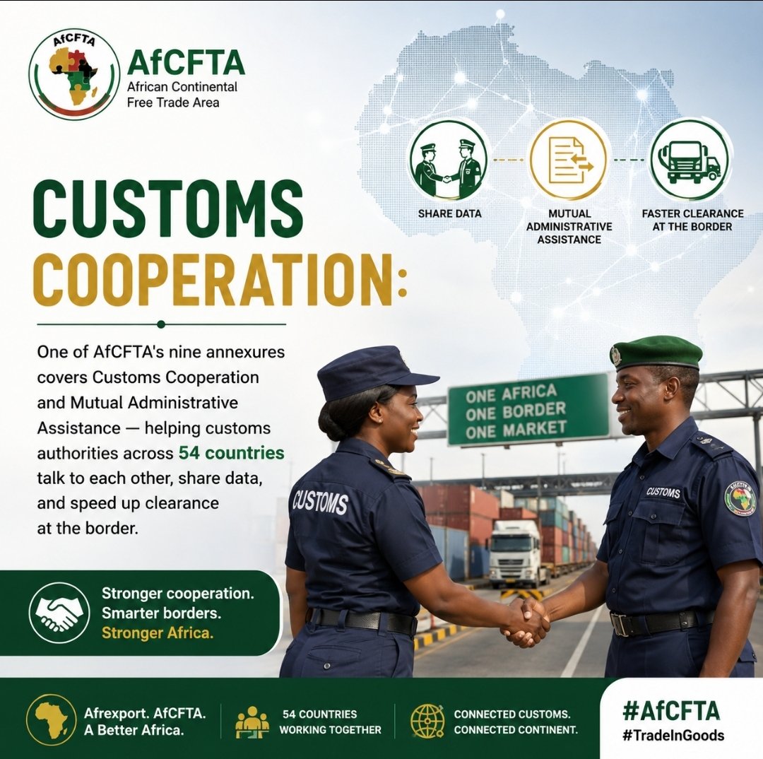 TambaRouben's tweet photo. Customs cooperation:
One of AfCFTA's nine annexures covers Customs Cooperation and Mutual Administrative Assistance — helping customs authorities across 54 countries talk to each other, share data, and speed up clearance at the border.
#AfCFTA #TradeInGoods
@logistics_ub https://t.co/ClmDyOupZv