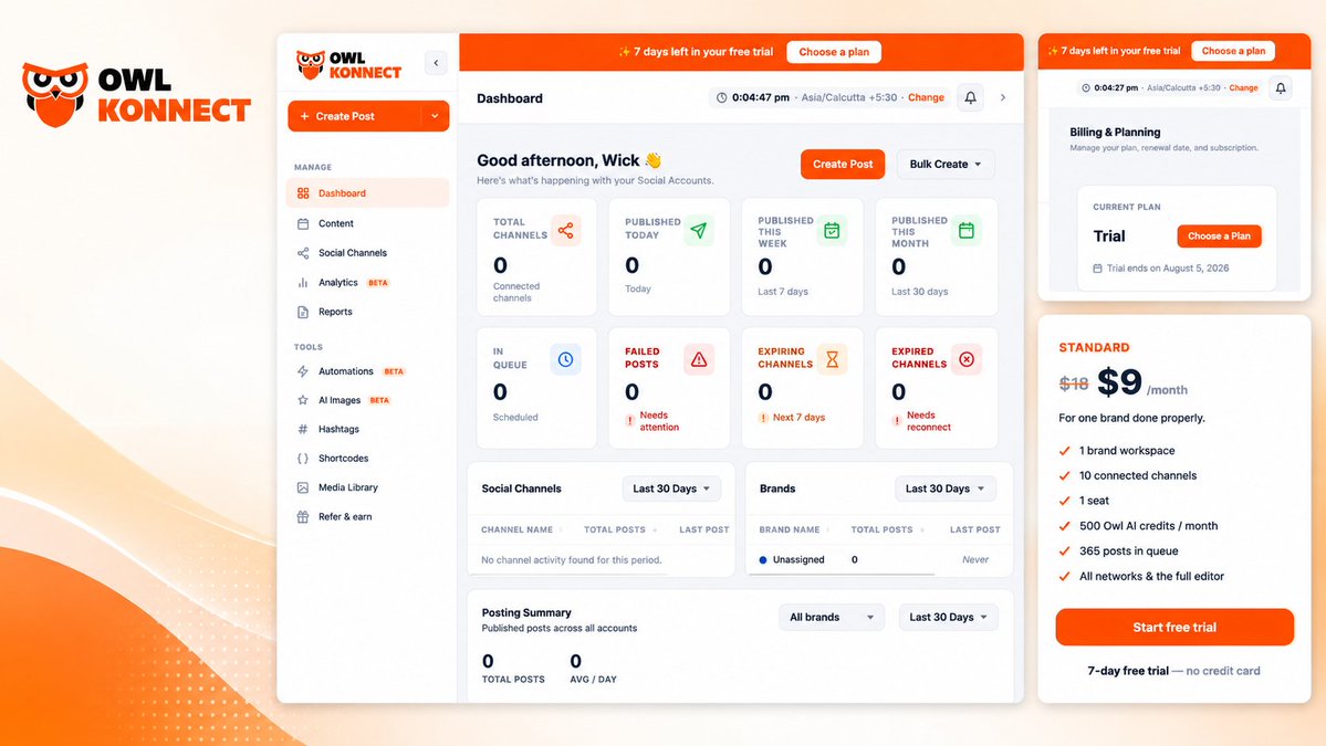 lokiibtc's tweet photo. Managing social media today is more than just publishing posts

>content planning
>scheduling
>multiple platforms
>analytics
>automation

using different tools for everything gets expensive

and it also makes your workflow more complicated

then i came across @OwlKonnect

it claims to do it all for just $9/month

plus there's a 7- day free trial

so i signed up on  https://t.co/CG16FaWFjD  and explored the platform myself

here's my first impression and what i found 👇🧵