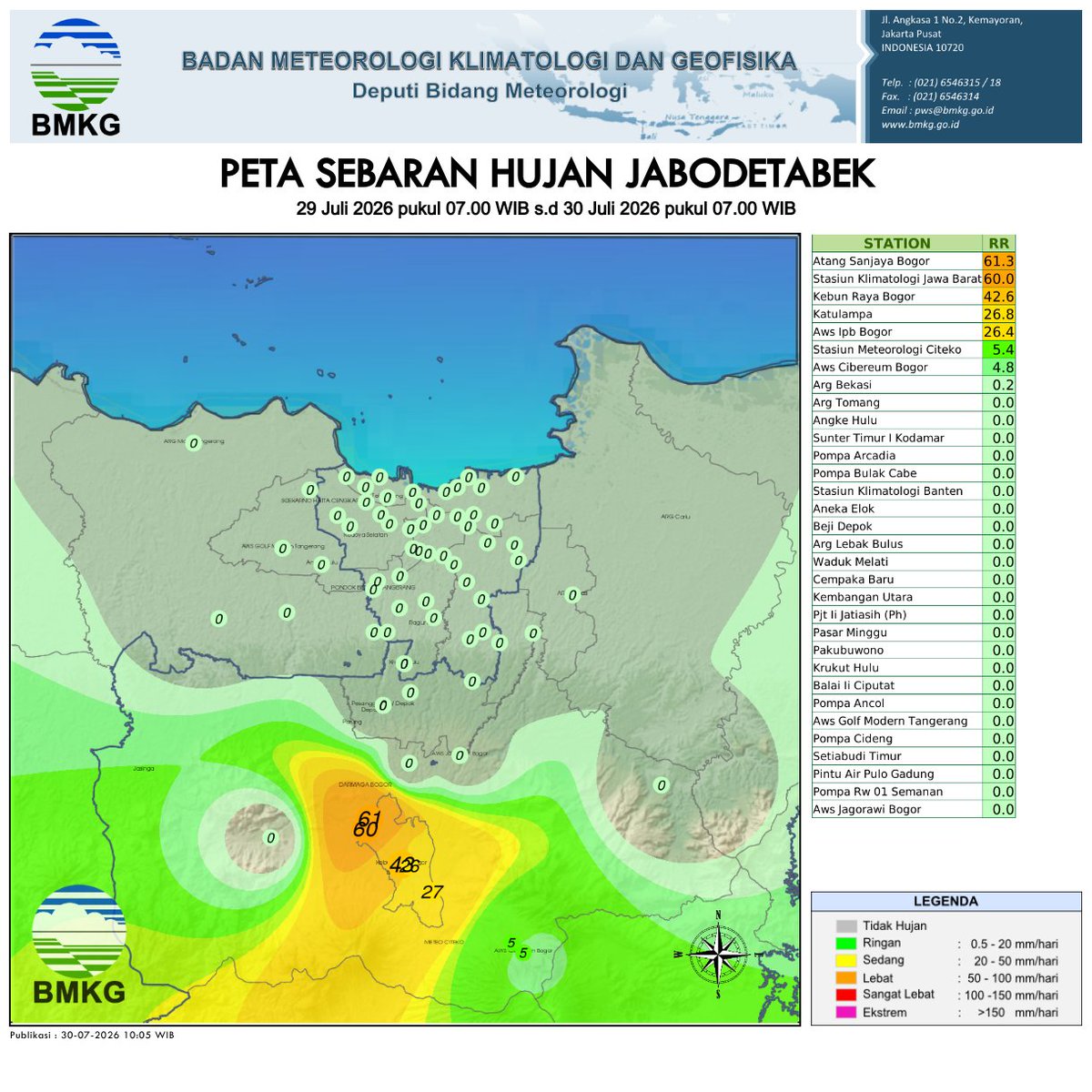 BPBDJakarta's tweet photo. PETA SEBARAN HUJAN JABODETABEK
29 Juli 2026, Pukul 07:00 WIB s.d 30 Juli 2026, Pukul 07:00 WIB 

Publikasi: 30 Juli 2026

Sumber: BMKG https://t.co/likbVf5C6X