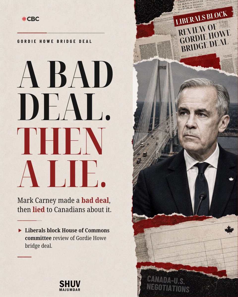 shuvmajumdar's tweet photo. Prime Minister @MarkJCarney’s story keeps changing, and his Liberal MPs are working to ensure Canadians can’t ask why.

When billions in public money and a major piece of our economic infrastructure are on the line, accountability is not optional. 

Parliament should be able to examine what was promised, what Canada surrendered, and what his string of concessions will ultimately cost Canadians.

Blocking scrutiny will not make the questions disappear. It only makes transparency more urgent.

Read the CBC News article:
https://t.co/QSzx33FJiZ
